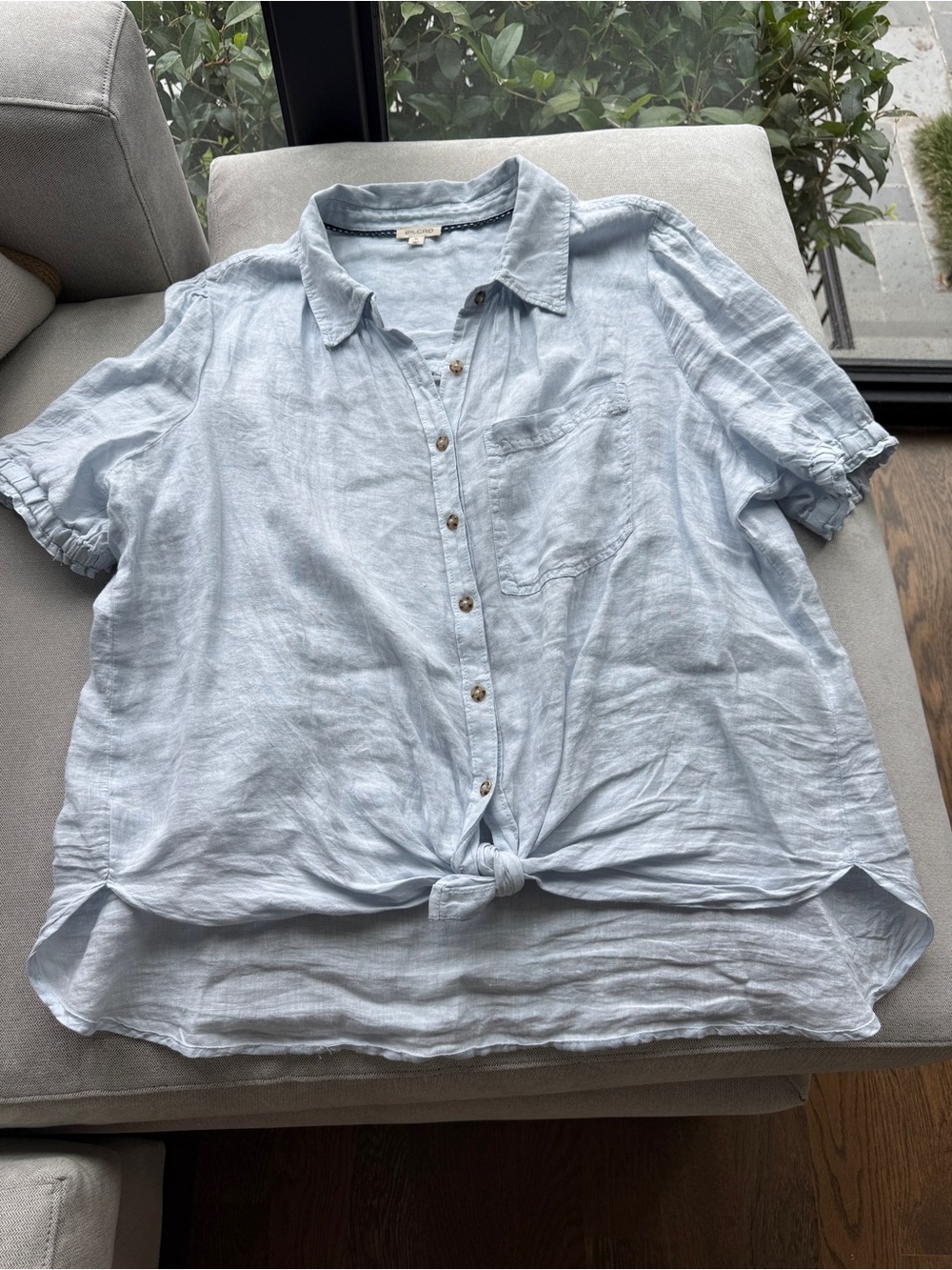 Pilcro Pale Blue Linen Button-Up Tie Shirt Ruffle sleeve’s Anthropologie XL